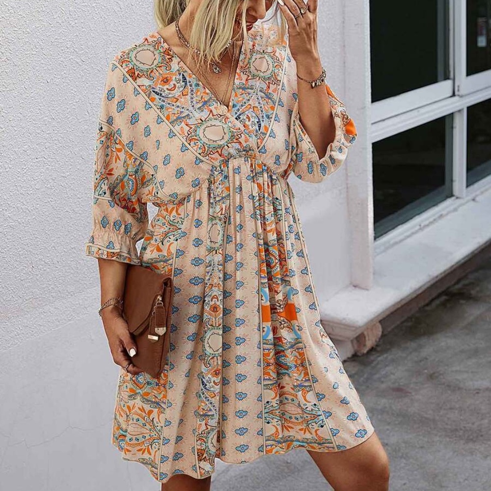 Boho Blue Orange Paisley V neck Gypsy Mini Dress - Picture 2 of 16